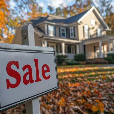 Home for sale is announced by a sign in the front yard during the autumn months